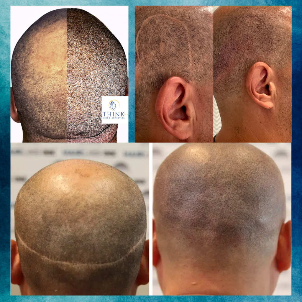 hair transplant scars, think ink micro esthetics, smp, scalp micropigmentation, Scalp micropigmentation for camouflaging hair transplant scars